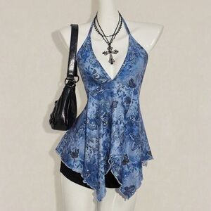 Blue Floral Fairycore Halter Top